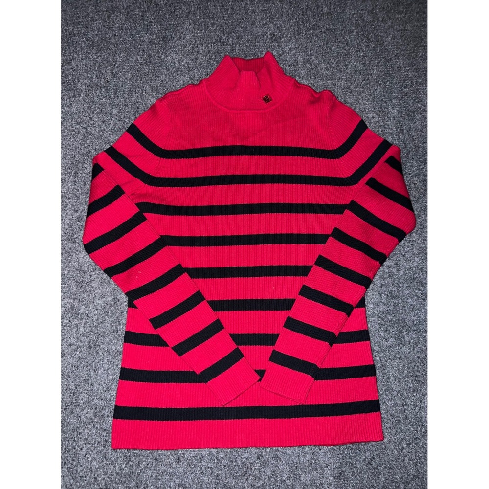 Lauren Ralph Lauren Petite Red Black Striped Ribbed Turtleneck Sweater Size PS